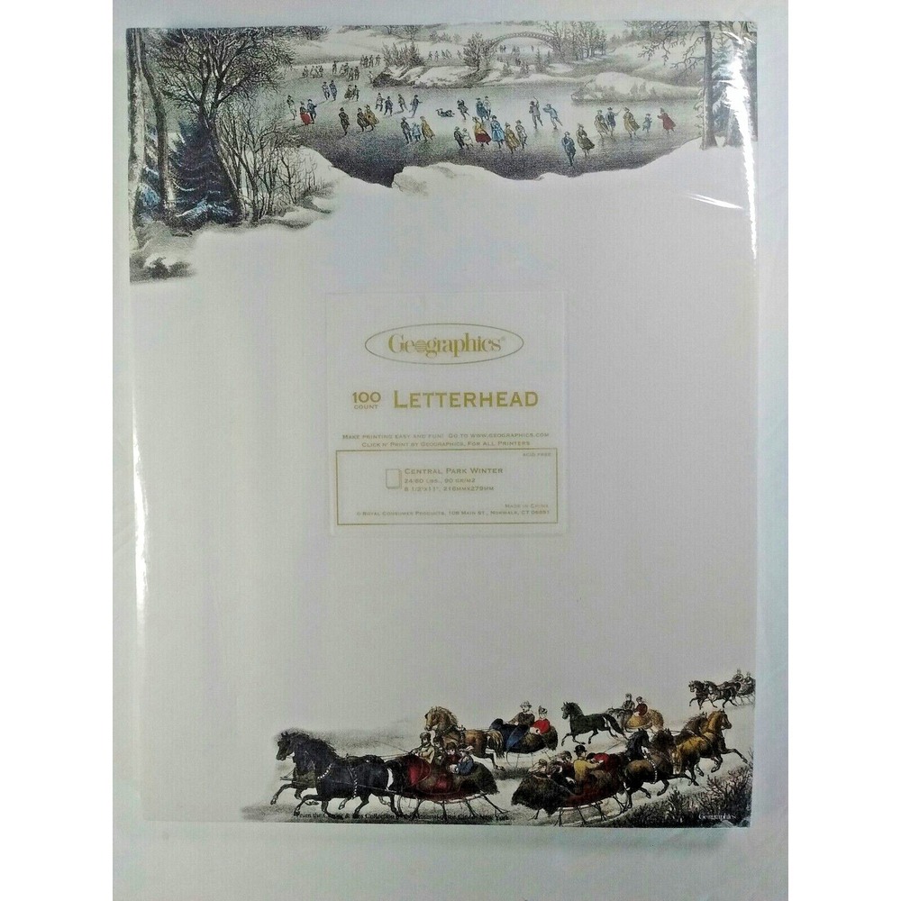 Geographics Currier & Ives Central Park Skating Scene 100CT Letterhead Paper NEW